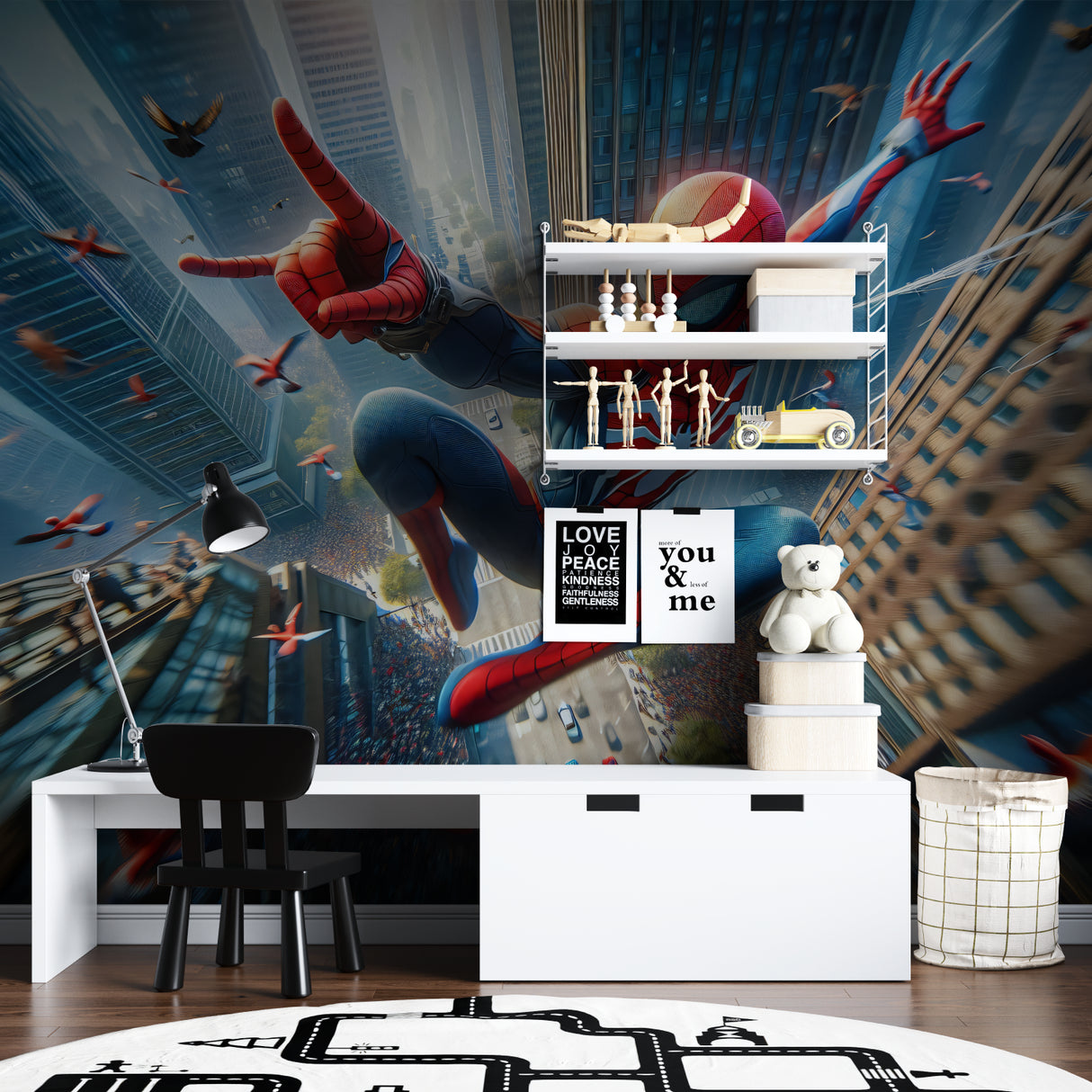 Spider action mural creating depth in a contemporary playroom setting