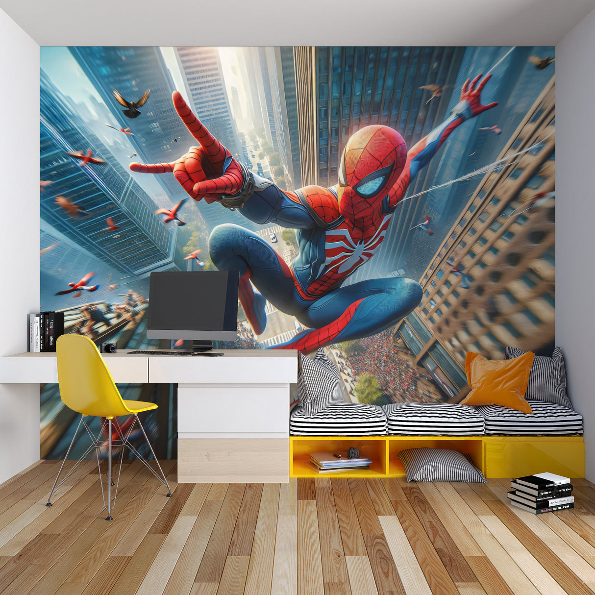 Superhero wallpaper making a bold statement in a modern home office