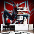 Superhero spider wallpaper bringing adventure to a modern kids bedroom with red accent wall