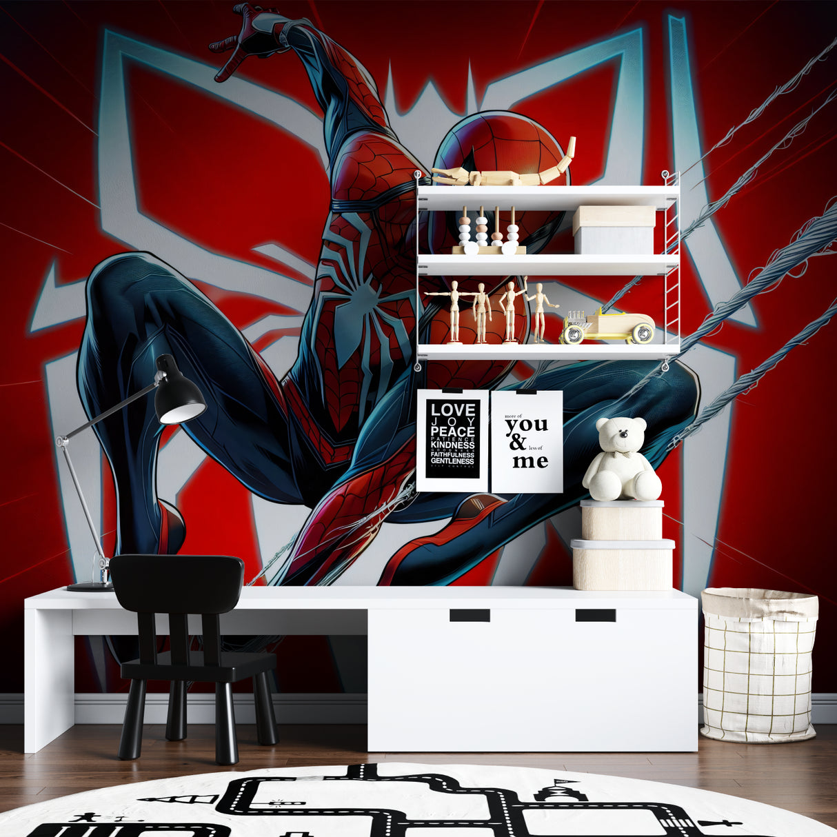 Superhero spider wallpaper bringing adventure to a modern kids bedroom with red accent wall