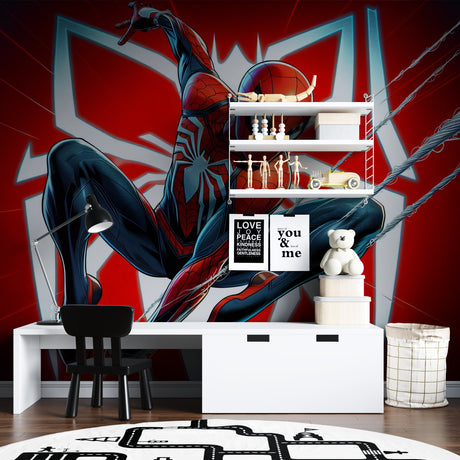 Superhero spider wallpaper bringing adventure to a modern kids bedroom with red accent wall