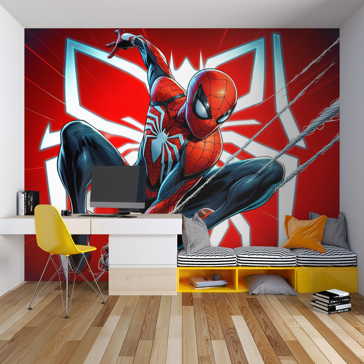 Red superhero mural making a bold statement in a contemporary child's study area
