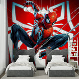 Spider-themed wall design energizing a reading nook with vibrant red tones