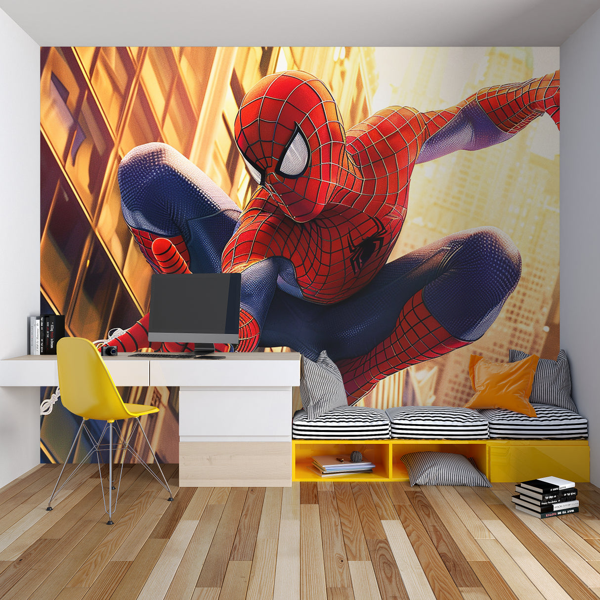 Superhero wall mural creating drama in a modern teen bedroom with gaming setup