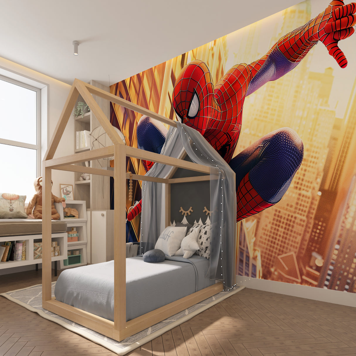 Spider-Man wallpaper bringing action to a stylish kids playroom
