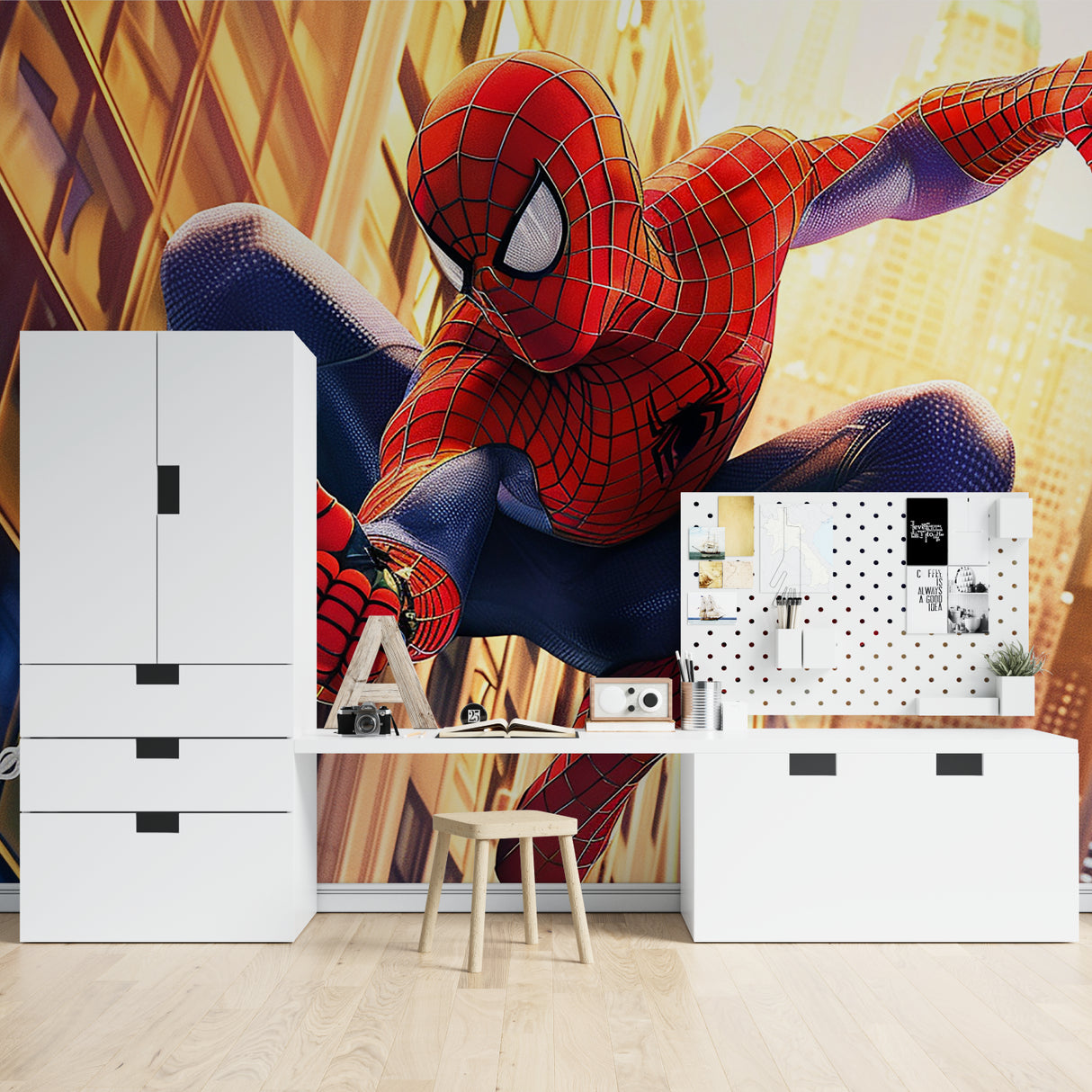 Superhero wallpaper transforming a modern home office space