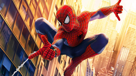 Spider-Man action scene design file showing intricate web patterns and city backdrop details