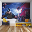 Marvel Avengers wallpaper bringing superhero action to a modern gaming room with dramatic lighting