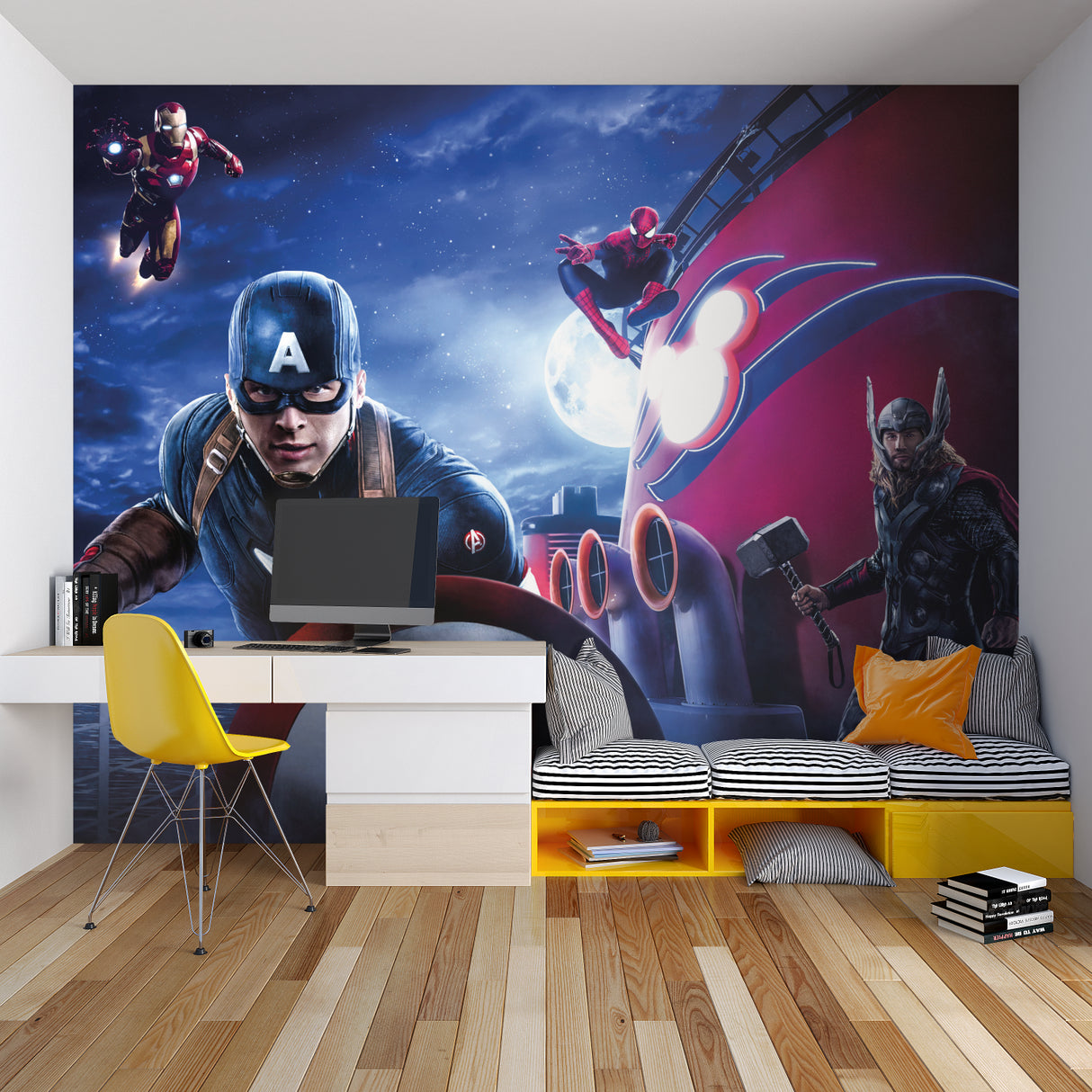 Marvel Avengers wallpaper bringing superhero action to a modern gaming room with dramatic lighting