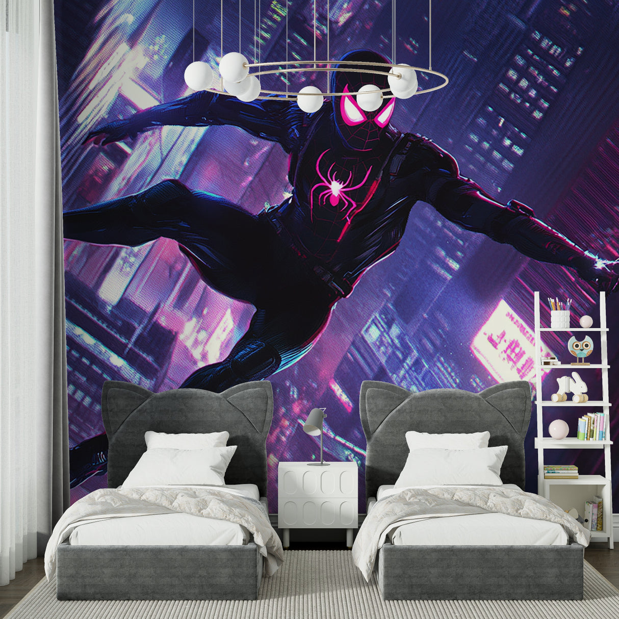 Superhero neon wallpaper in modern gaming room with LED accent lights showing vibrant night city scene