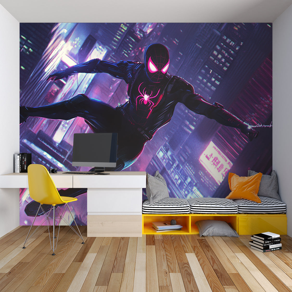 Man cave featuring neon superhero wallpaper with dramatic city backdrop