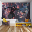 Superhero wall mural bringing excitement to a modern gaming room with neon city lights