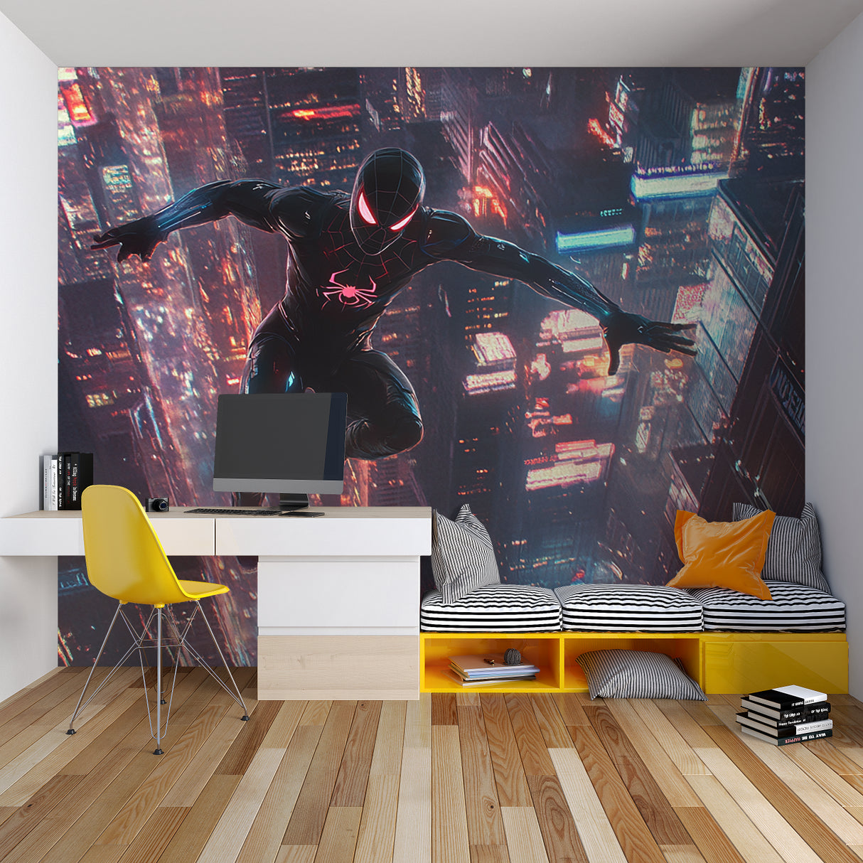 Superhero wall mural bringing excitement to a modern gaming room with neon city lights