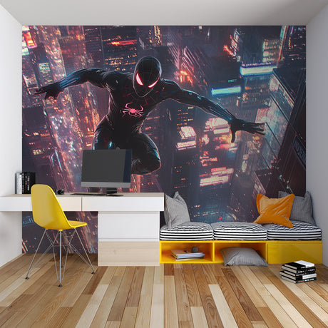 Superhero wall mural bringing excitement to a modern gaming room with neon city lights