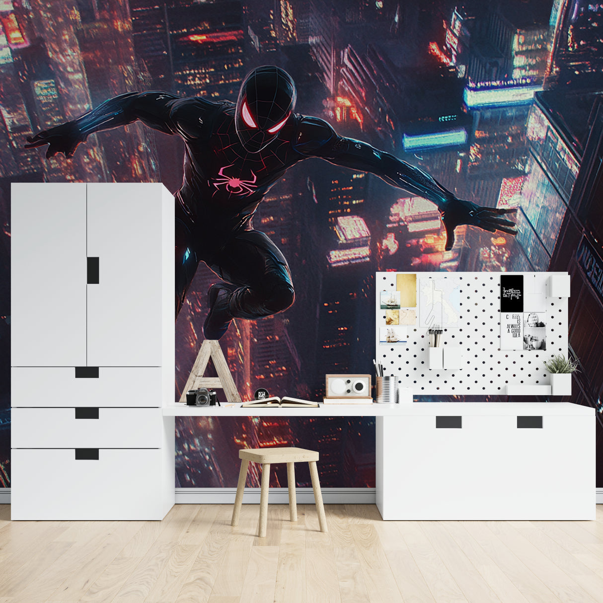 Urban superhero mural adding energy to a contemporary living room