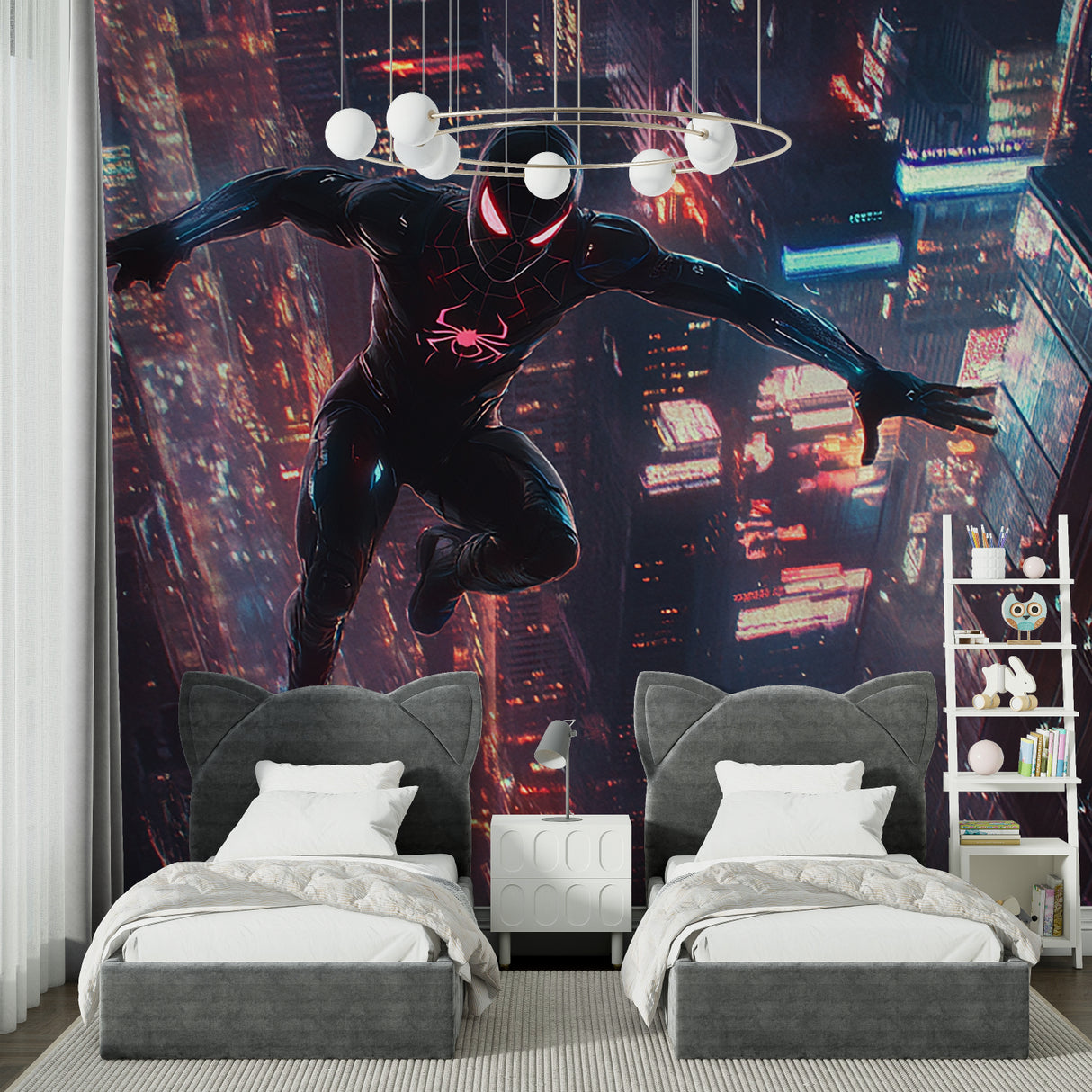 Action hero wall mural transforming a kids playroom with city lights