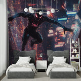 Action hero wall mural transforming a kids playroom with city lights