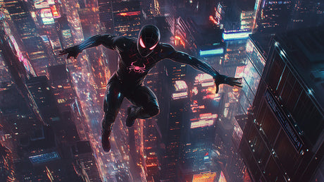 Spiderman night city design file showing detailed urban landscape and hero silhouette