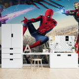Superhero wall mural bringing excitement to a modern kids bedroom with blue and red action scenes