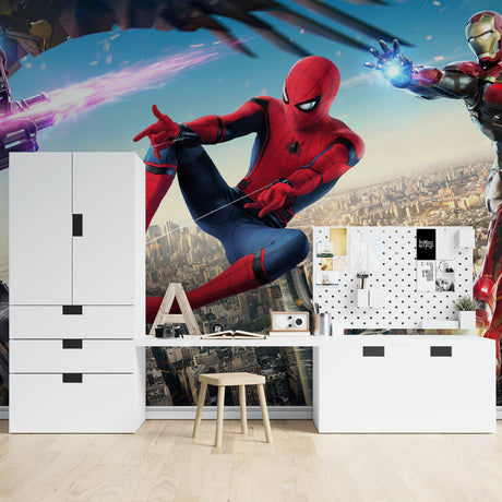 Superhero wall mural bringing excitement to a modern kids bedroom with blue and red action scenes