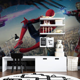 Comic book hero wallpaper displayed in a teen gaming room with dramatic lighting