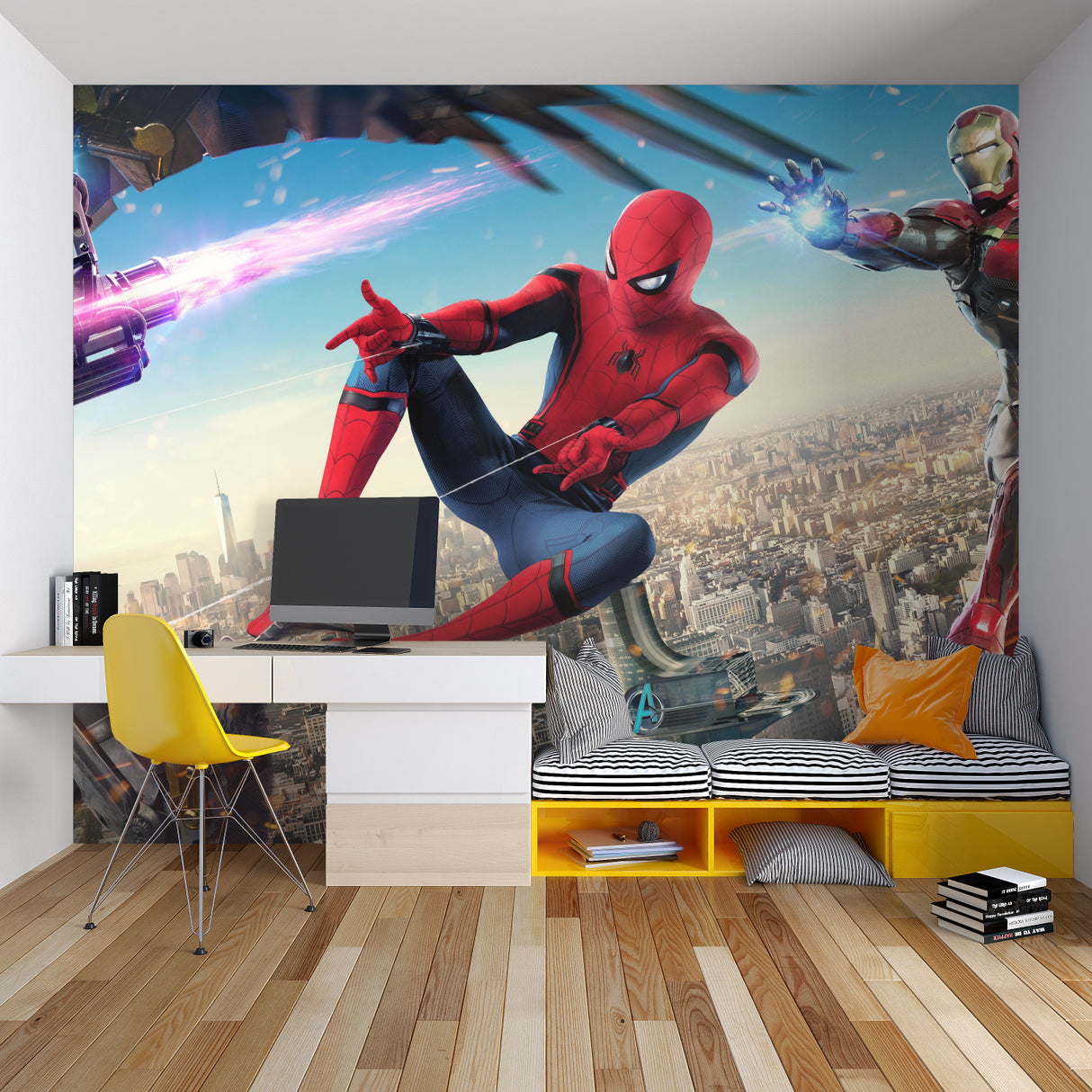 Marvel-inspired mural adding energy to a modern family room