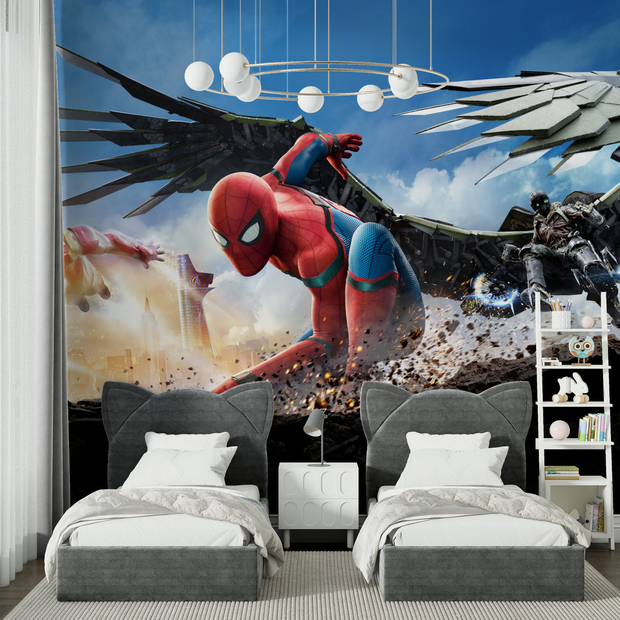 Spider-Man wall mural bringing adventure to a modern kids bedroom with blue and red accents