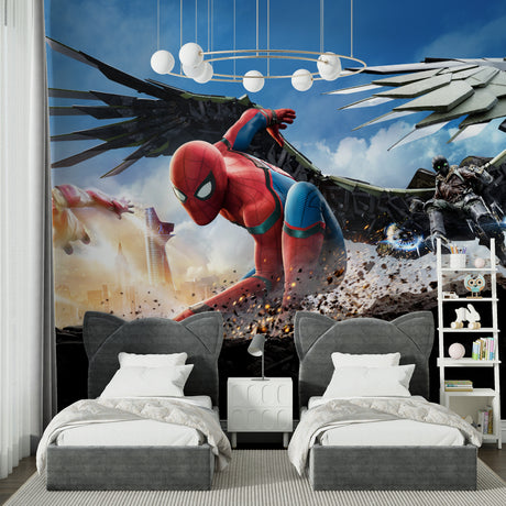 Spider-Man wall mural bringing adventure to a modern kids bedroom with blue and red accents