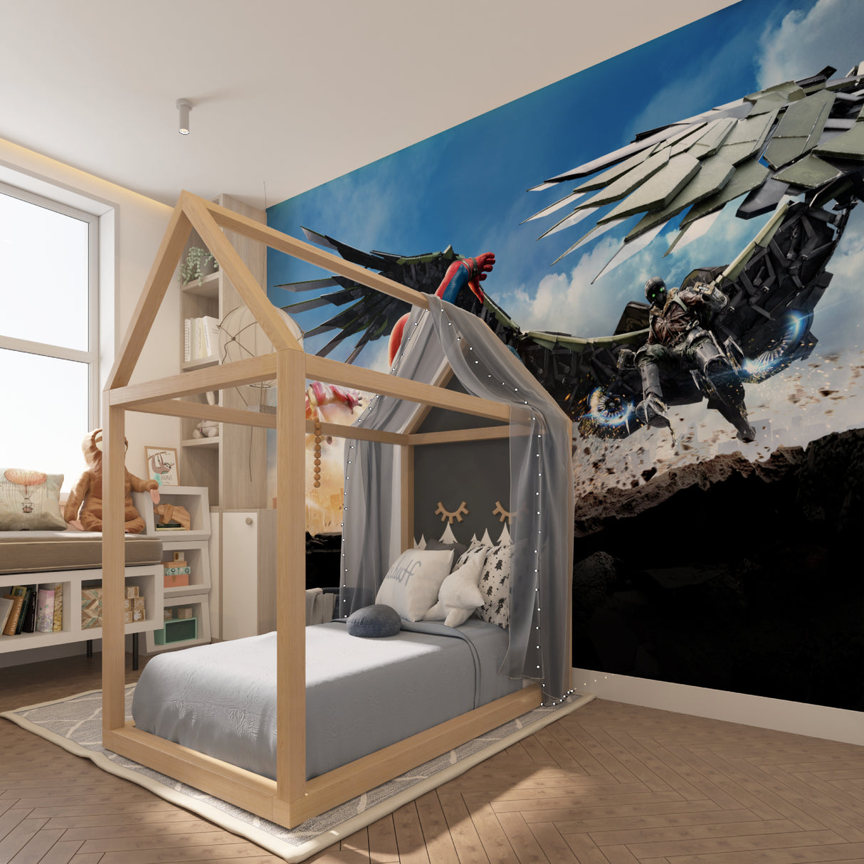 Comic book wall mural creating an epic feature wall in a teen's study space