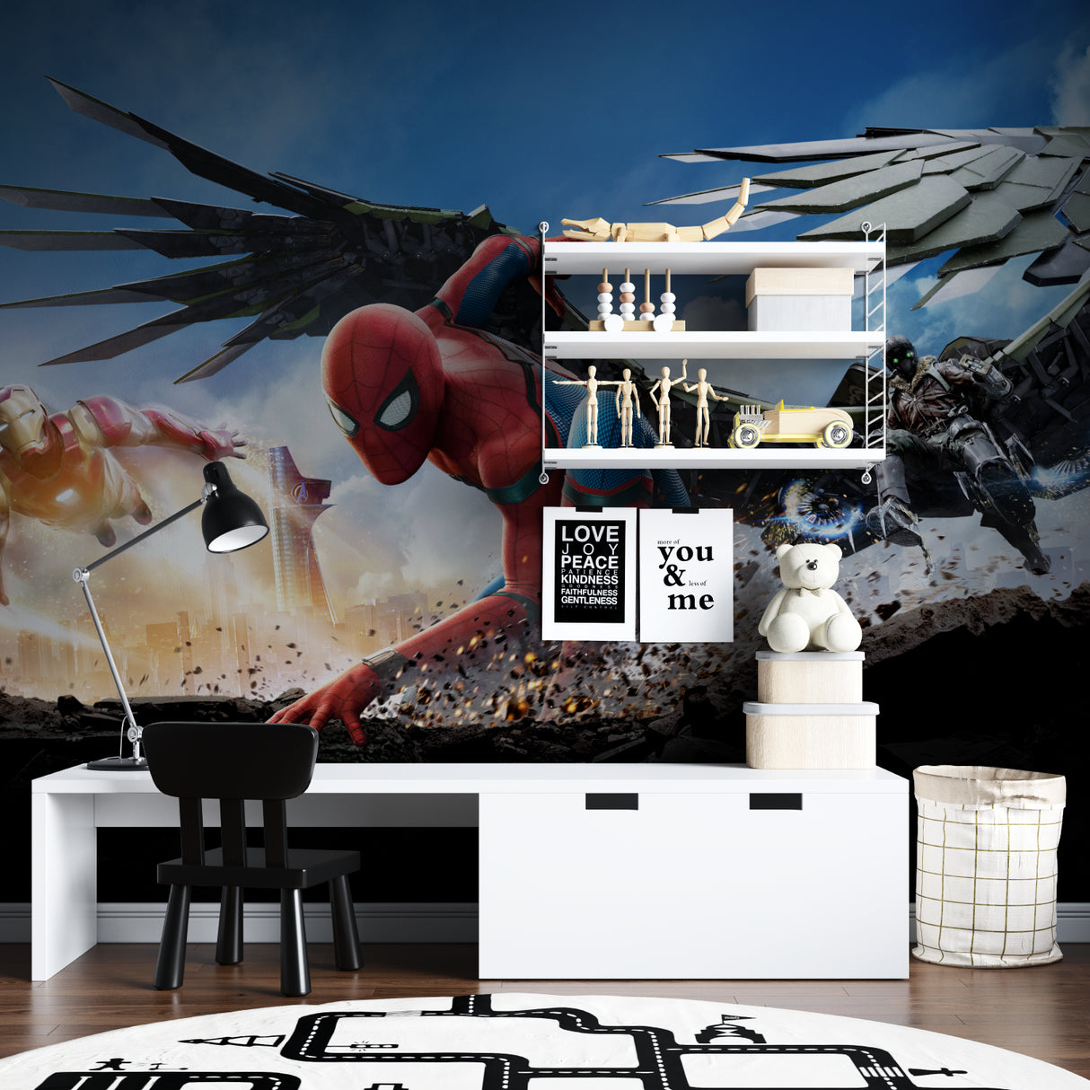Spider-Man action scene wallpaper making a statement in a modern family room