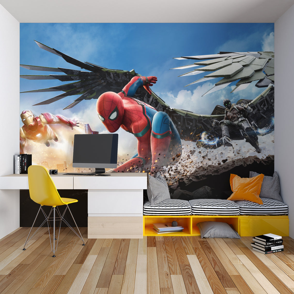 Superhero mural adding excitement to a child's reading nook corner