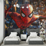 Spider-Man wall mural bringing adventure to a modern kids bedroom, showing dramatic 3D effects