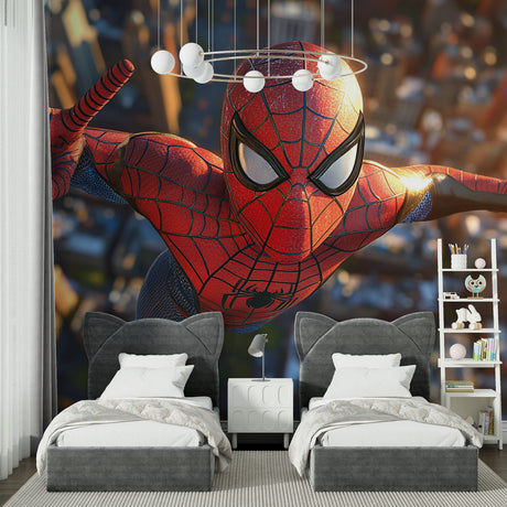 Spider-Man wall mural bringing adventure to a modern kids bedroom, showing dramatic 3D effects