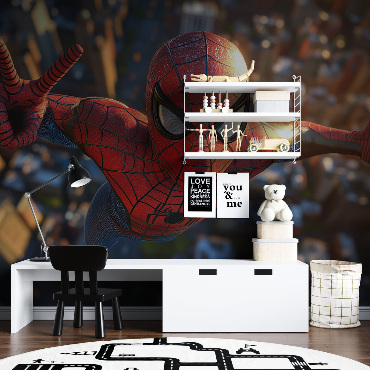 Superhero wallpaper displayed in a teen gaming room with dynamic lighting