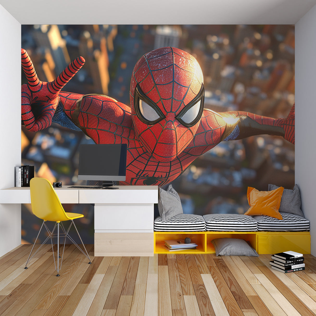 Spider-Man action mural creating depth in a playroom setting