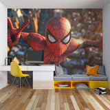 Spider-Man action mural creating depth in a playroom setting