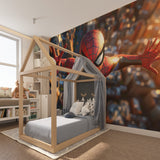 3D superhero wallpaper showcased in a boys bedroom with modern furniture