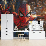 Action-packed Spider-Man mural displayed in a child's study area