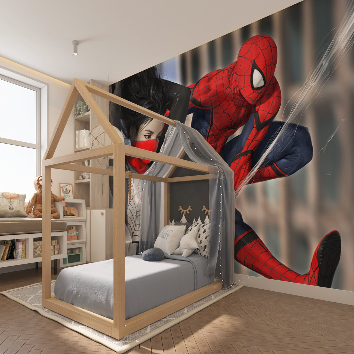 Spider-Man wall mural bringing superhero action to a modern kids bedroom with blue and red accent walls