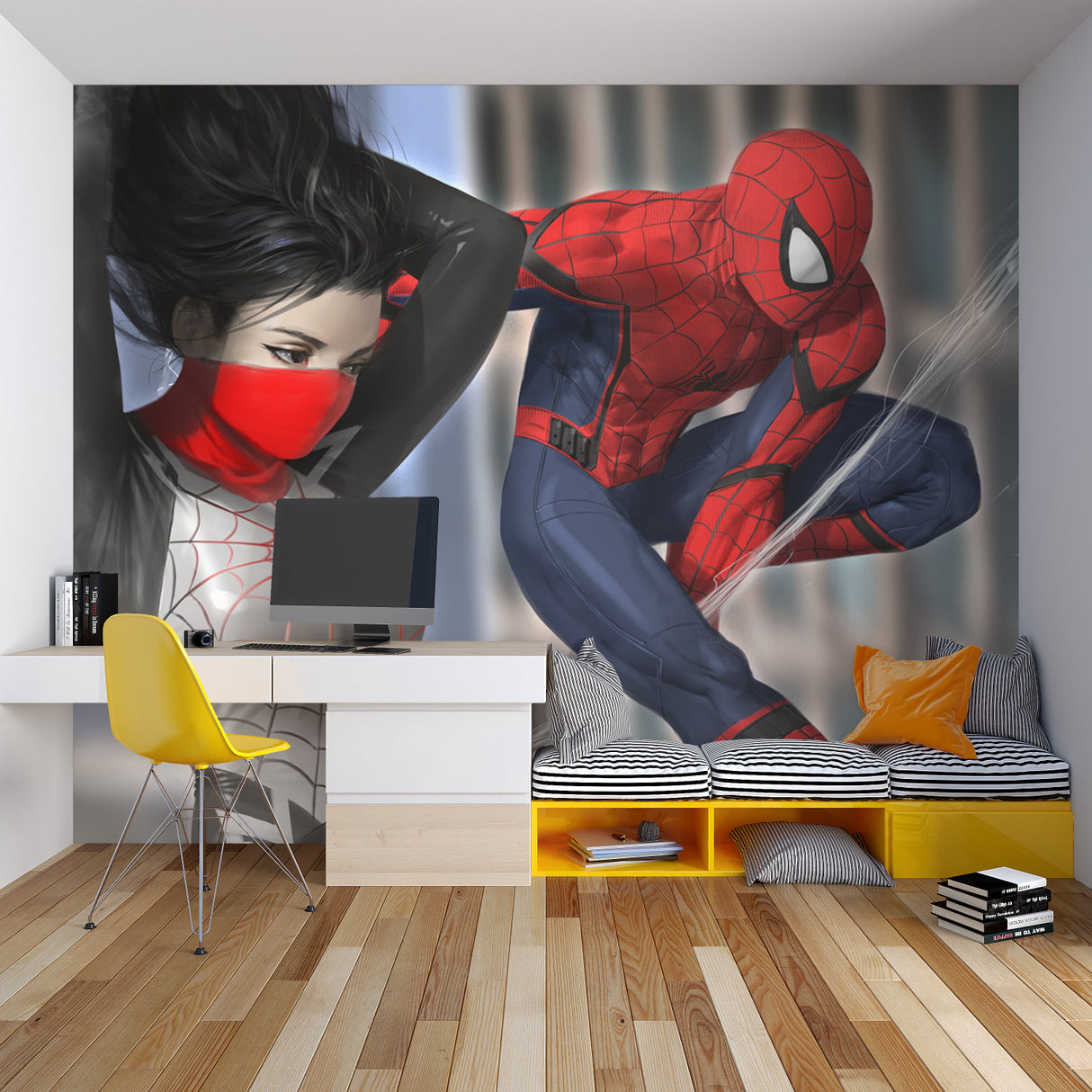 Marvel wallpaper showcased in a teen gaming room with ambient lighting