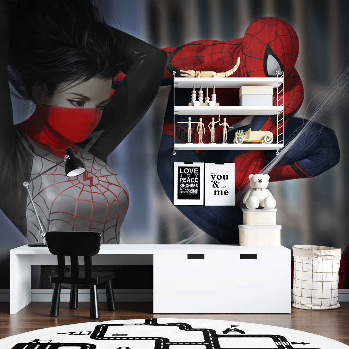 Superhero mural display in a contemporary playroom setting with modern furniture