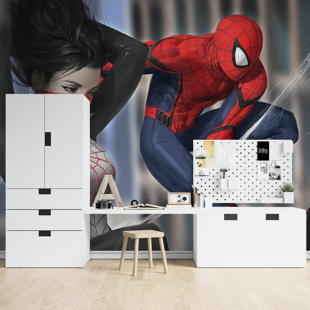 Spider-Man wallpaper transforming a study space into an inspiring comic book corner