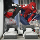 Action hero wall mural creating dynamic atmosphere in a family entertainment room
