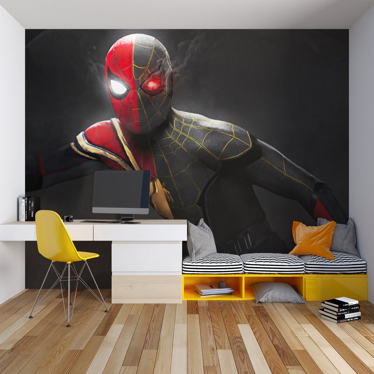 Spider-Man wall design in contemporary kids bedroom with modern furniture