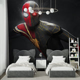 Action hero wall mural in fun playroom setting with reading nook