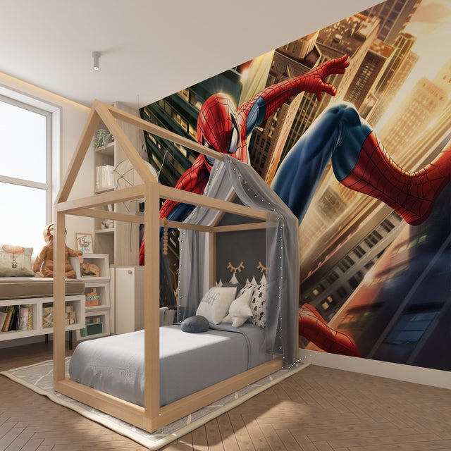 Spider-Man wall mural bringing excitement to a modern kids bedroom with blue and red accents