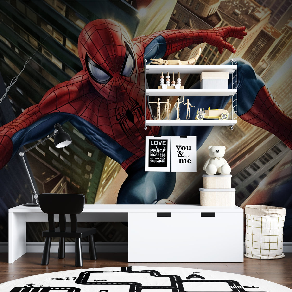 Superhero wallpaper showcased in a gaming room with action figures display