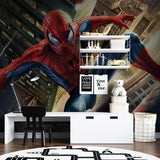 Superhero wallpaper showcased in a gaming room with action figures display