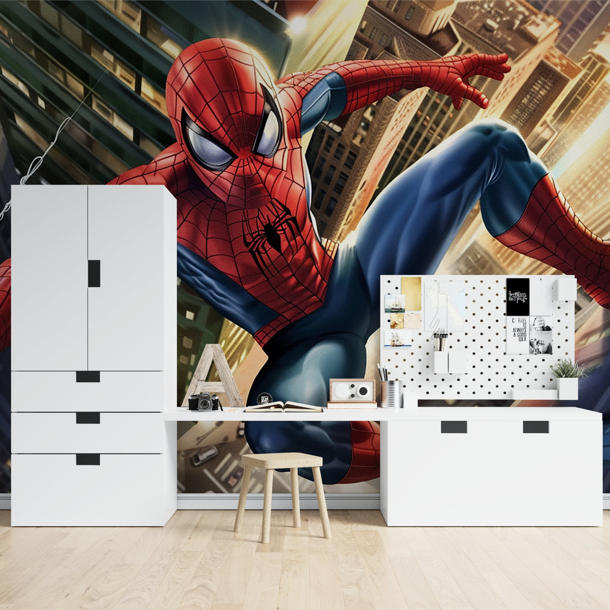 Spider-Man mural wallpaper creating depth in a teen's study space