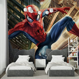 Superhero wallpaper bringing energy to a play area with city views